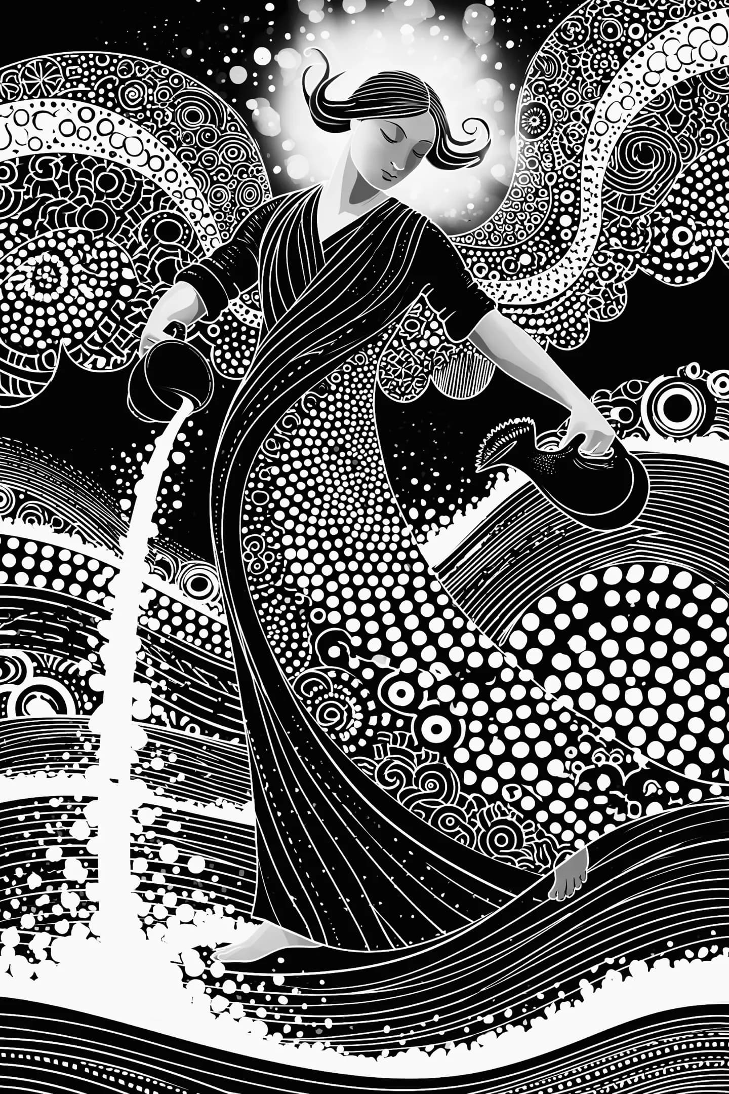 Ilustração em estilo gravura de mulher com jarros