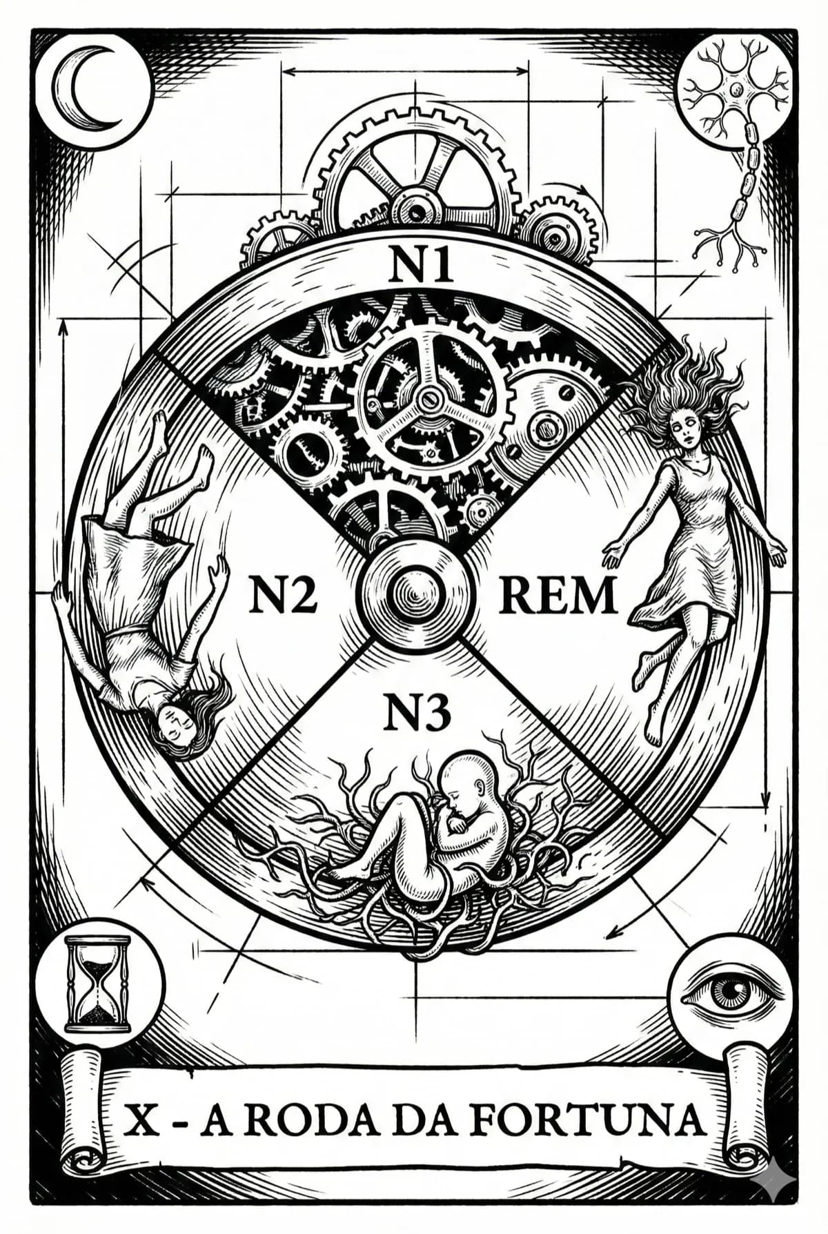A Roda da Fortuna — ilustração tarot com fases do sono N1, N2, N3 e REM